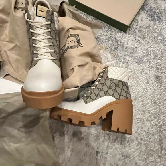 Women's Lace Up Heeled Ankle Boots GG Coated Canvas With Quilted Leather - Picture 8 of 9